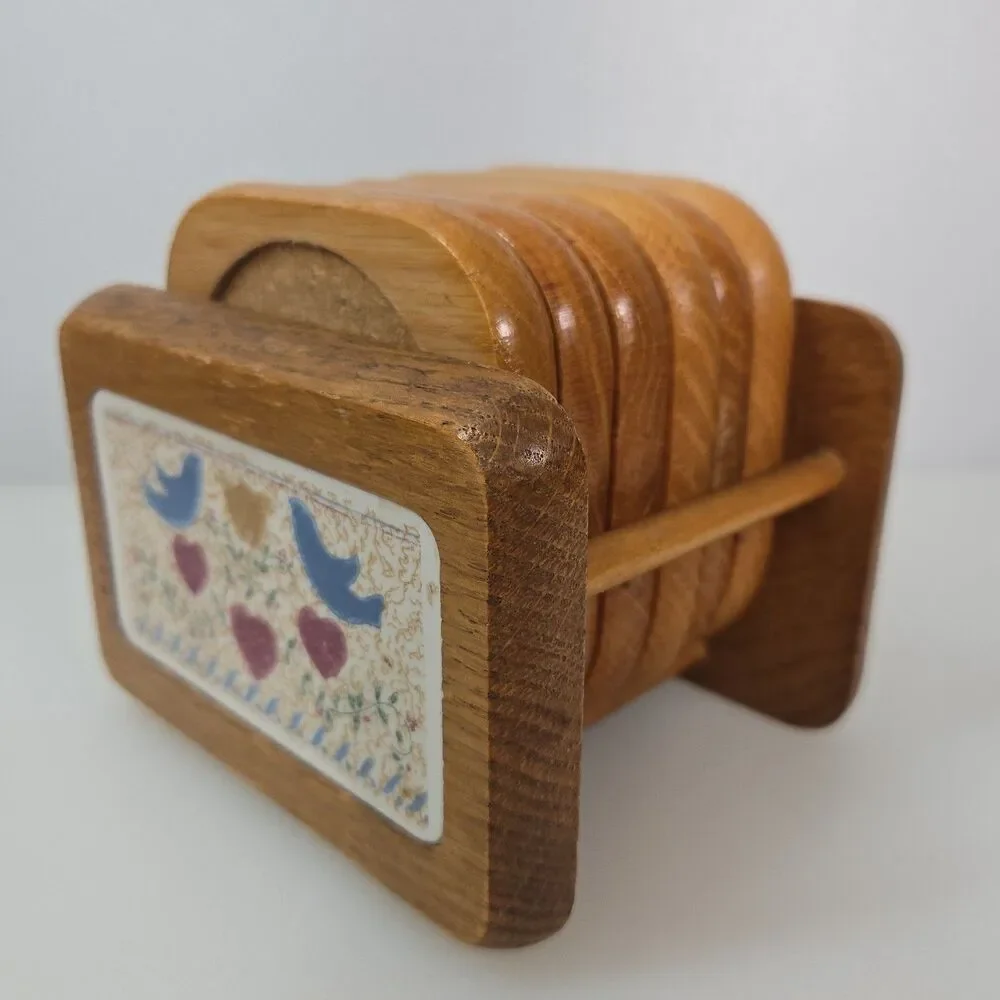 VTG Wood Coaster Set with Holder 6 Cork Coasters Blue Birds & Hearts Cottagecore
